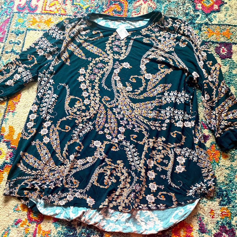 Maurices 3/4 sleeve teal floral scoop neck NWT 2x